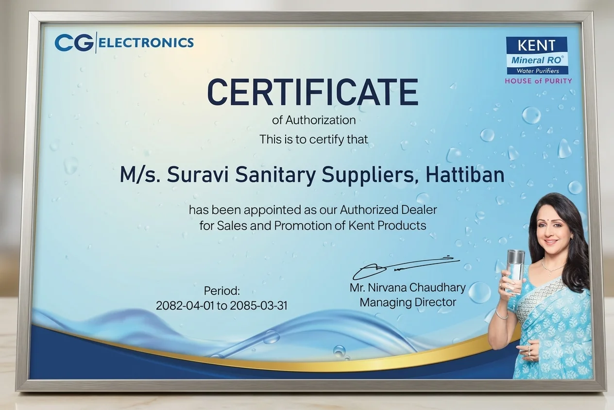 Official Certificate of Authorization for Suravi Sanitary Suppliers signed by CG Electronics MD Nirvana Chaudhary