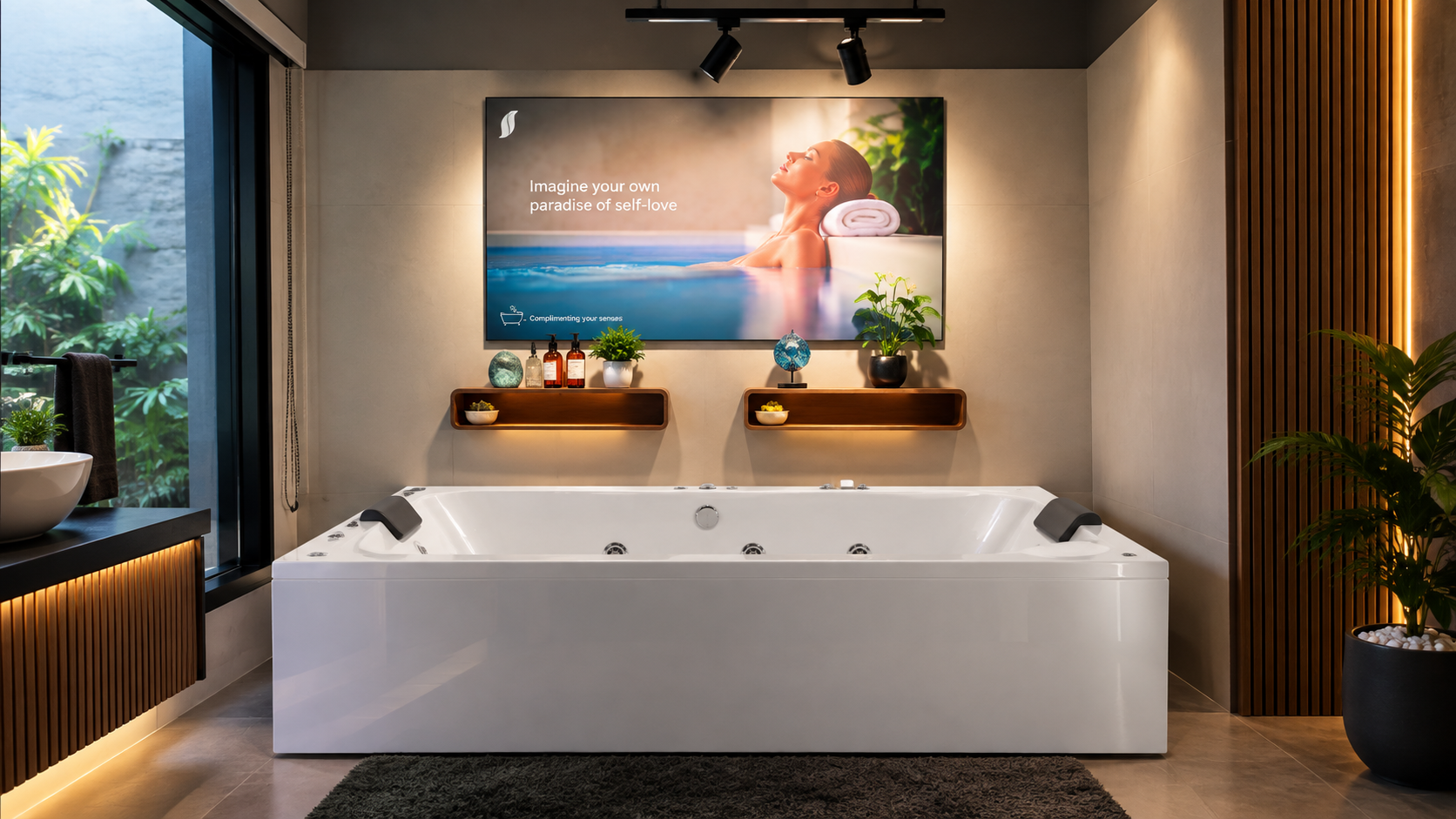 Modern spa-style bathroom vanity with backlit mirror and rain shower at Suravi Sanitary Suppliers
