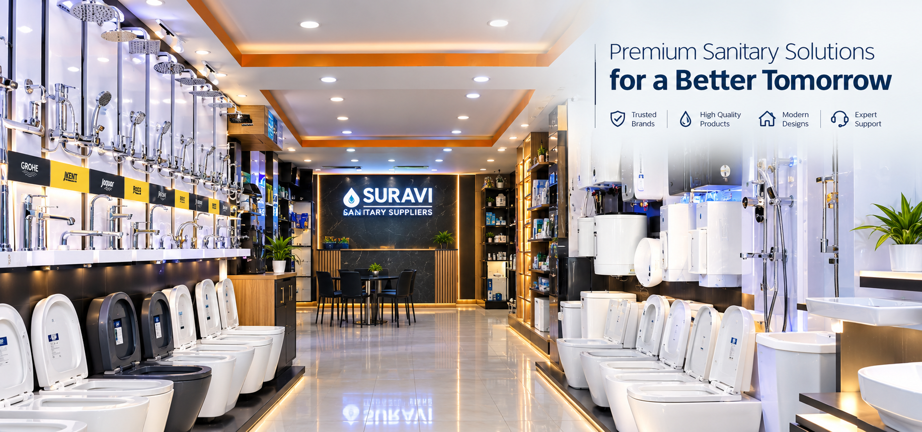 Suravi Sanitary Suppliers Hattiban Showroom with GROHE, KENT RO, Jaquar display, sanitaryware, and premium fittings